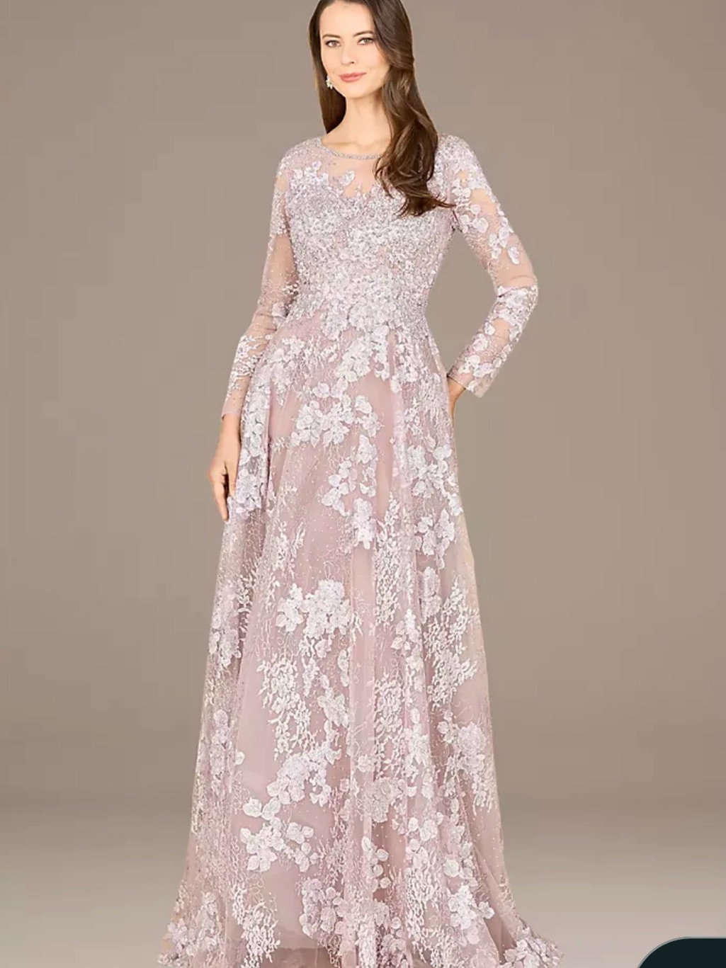 Lara Blush Pink Long Sleeve Floral Lace A-Line Gown